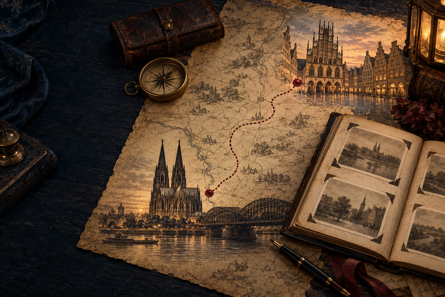 Historische Collage mit dem Kölner Dom, einer Reiseroute durch Nordrhein-Westfalen und dem Prinzipalmarkt mit Rathaus in Münster